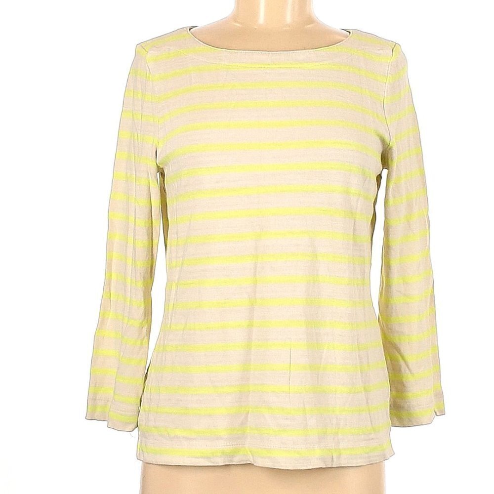 Loft Women's Sz Medium Striped Boatneck Tee 3/4 Sleeve T-Shirt Beige Neon Yellow